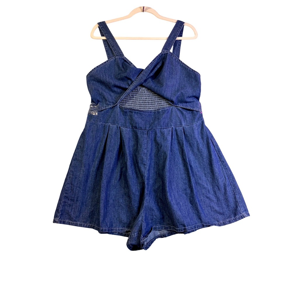 2XL Denim Shorty Cut Out Romper Women Blue Smocked‎ Back Sunsuit Casual6, 684
